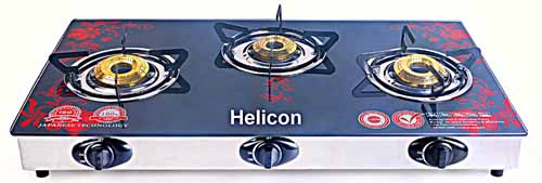 8) Helicon Premium Red & Black Glass 3 Burner Automatic Gas Stove Stainless Steel & Toughened Glass (Auto Ignition)