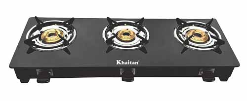 9) Khaitan 3 Burner Gas Stove BP-JIO Black Toughened Glass Top