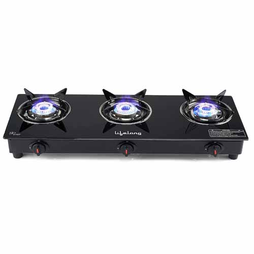 4) Lifelong LLGS303 Auto Ignition 3 Burner Gas Stove with Toughened Glass Top