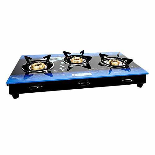 Milton Premium 3 Burner Blue Toughened Glass Top LP Gas Stove Manual Ignition – ISI Certified