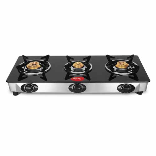 1) Pigeon by Stovekraft Favourite Glass Top 3 Burner Gas Stove, Manual Ignition, black